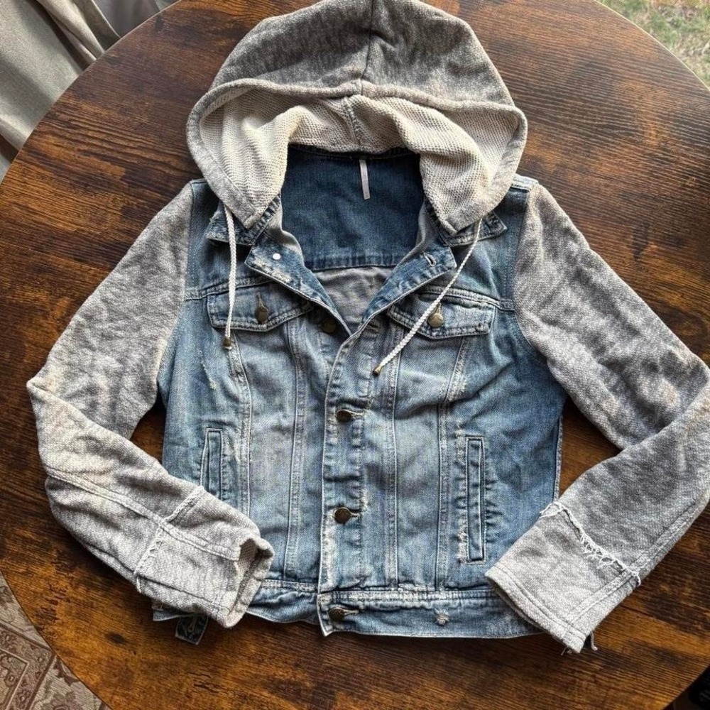 Free People Denim Hoodie Jacket Distressed Blue Gray Layered Small